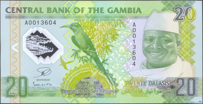 ÐнеÑний вид 20 (двадÑаÑи) гамбийÑкиÑ
далаÑи Ñ Ð¸Ð·Ð¾Ð±Ñажением поÑÑÑеÑа пÑезиденÑа Ðамбии ЯÑ
ÑÑ Ðжамме(авеÑÑ)