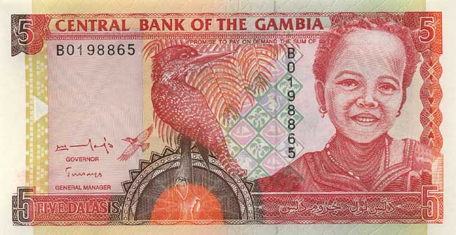 ÐиÑÐµÐ²Ð°Ñ ÑÑоÑона банкноÑÑ Ðамбии номиналом 5 ÐалаÑи