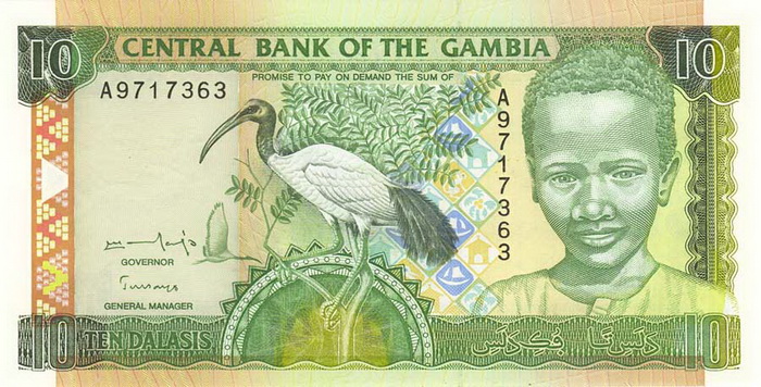 ÐиÑÐµÐ²Ð°Ñ ÑÑоÑона банкноÑÑ Ðамбии номиналом 10 ÐалаÑи