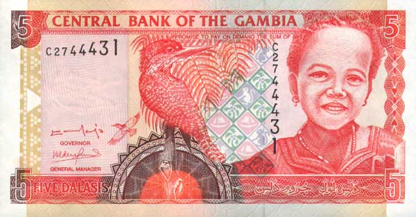 ÐиÑÐµÐ²Ð°Ñ ÑÑоÑона банкноÑÑ Ðамбии номиналом 5 ÐалаÑи
