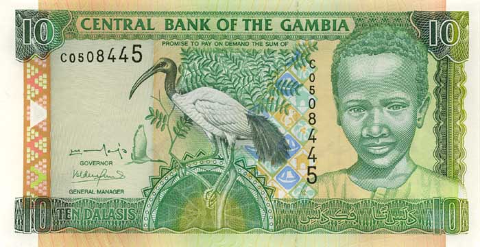 ÐиÑÐµÐ²Ð°Ñ ÑÑоÑона банкноÑÑ Ðамбии номиналом 10 ÐалаÑи