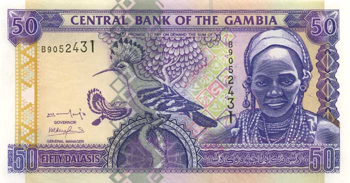 ÐиÑÐµÐ²Ð°Ñ ÑÑоÑона банкноÑÑ Ðамбии номиналом 50 ÐалаÑи