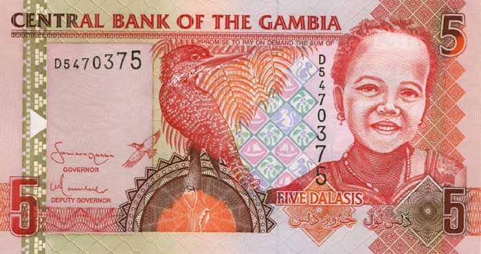 ÐиÑÐµÐ²Ð°Ñ ÑÑоÑона банкноÑÑ Ðамбии номиналом 5 ÐалаÑи