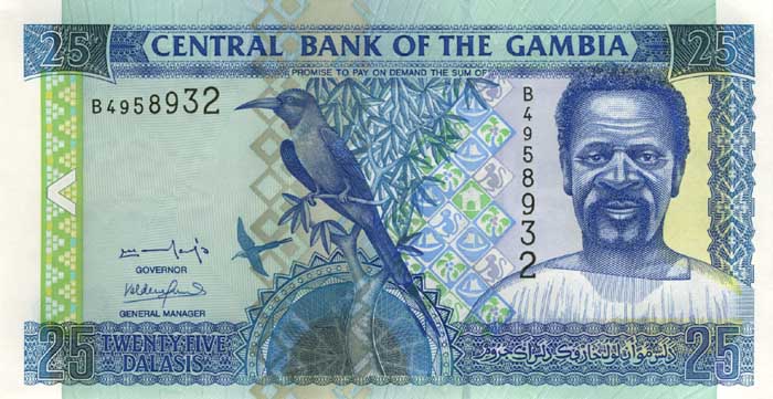 ÐиÑÐµÐ²Ð°Ñ ÑÑоÑона банкноÑÑ Ðамбии номиналом 25 ÐалаÑи
