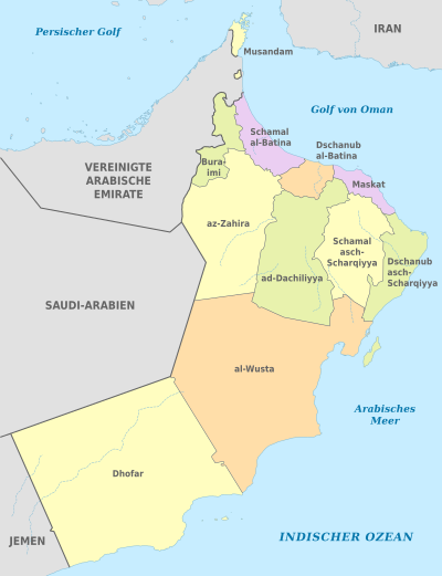 https://upload.wikimedia.org/wikipedia/commons/thumb/9/92/Oman%2C_administrative_divisions_2011_-_de_-_colored.svg/400px-Oman%2C_administrative_divisions_2011_-_de_-_colored.svg.png