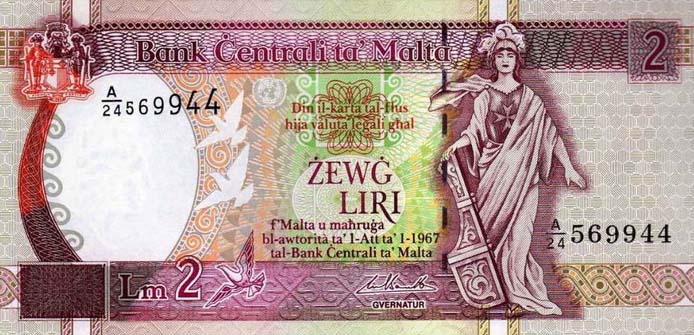 Лицевая сторона 2 лиры Мальты