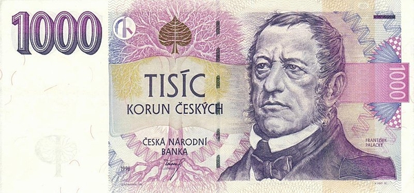 Внешний вид 1 000 (одной тысячи) Чешских крон с изображением портрета историка Франтишека Палацкого (аверс)