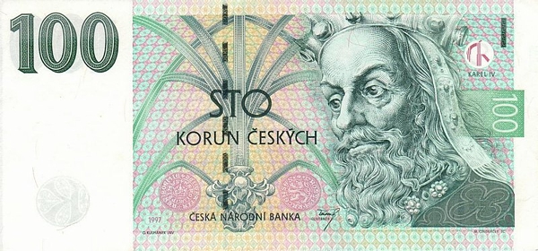 Внешний вид 100 (ста) Чешских крон с изображением портрета Карла IV (аверс)