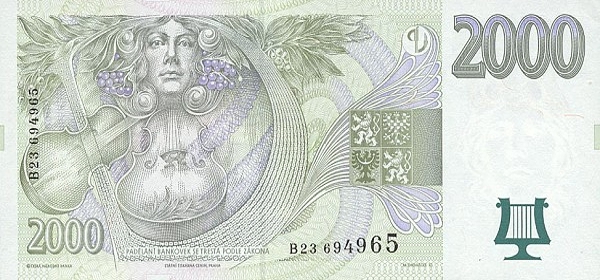 Внешний вид 2 000 (двух тысяч) Чешских крон с изображением Евтерпы, одной из муз в древнегреческой мифологии (реверс)