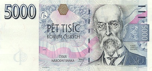Внешний вид 5 000 (пяти тысяч) Чешских крон с изображением портрета первого президента Чехословацкой Республики Томаша Гарриг Масариа (аверс)