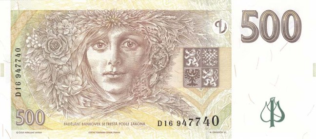 Внешний вид 500 (пятисот) Чешских крон с изображением женщины с венком из цветов на голове (реверс)